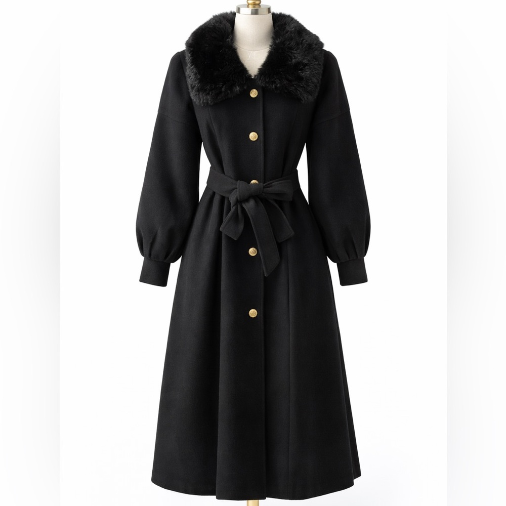 Elegant Black Coat with Faux Fur Collar Gardenya Size 38 (M) NWT